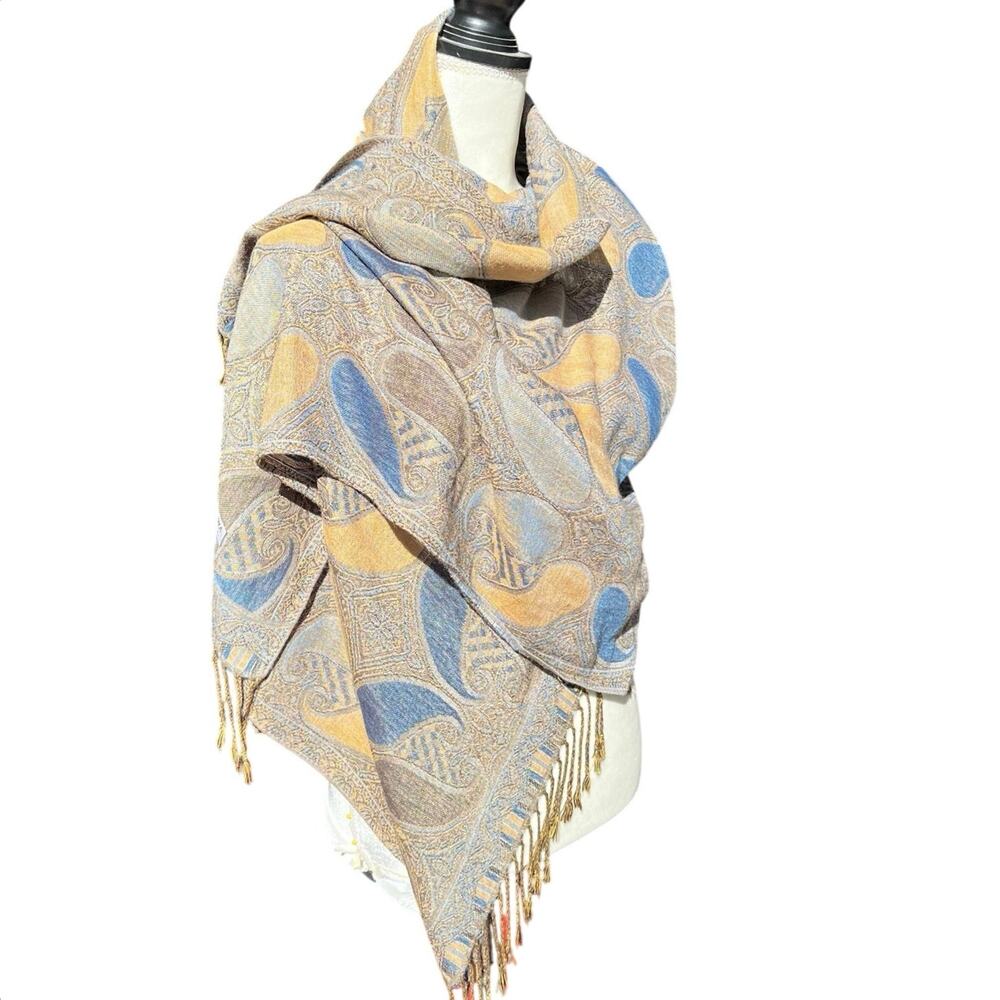 Pashmina Scarf Fringe Tan/Yellow/Blue Wrap Shawl 70% Cashmere 30% Silk Paisley